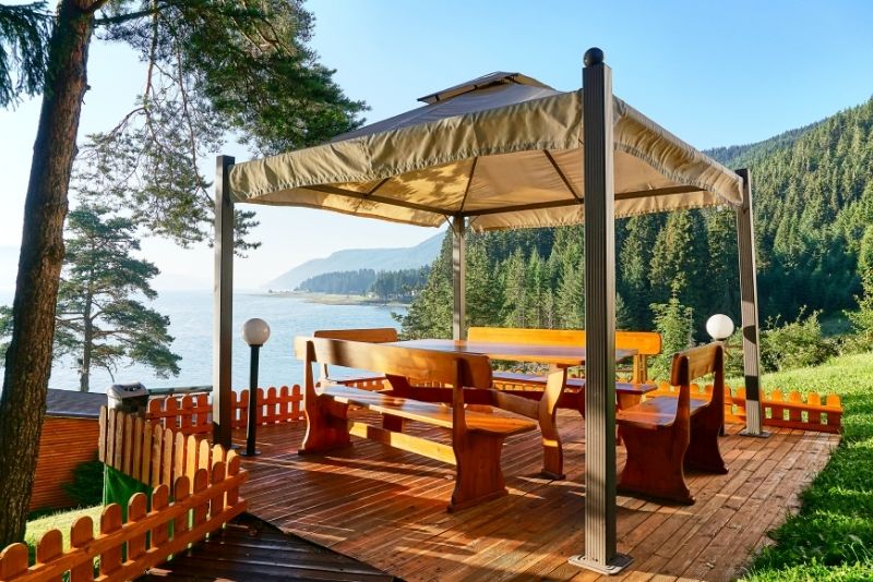 wood themed patios with awning area
