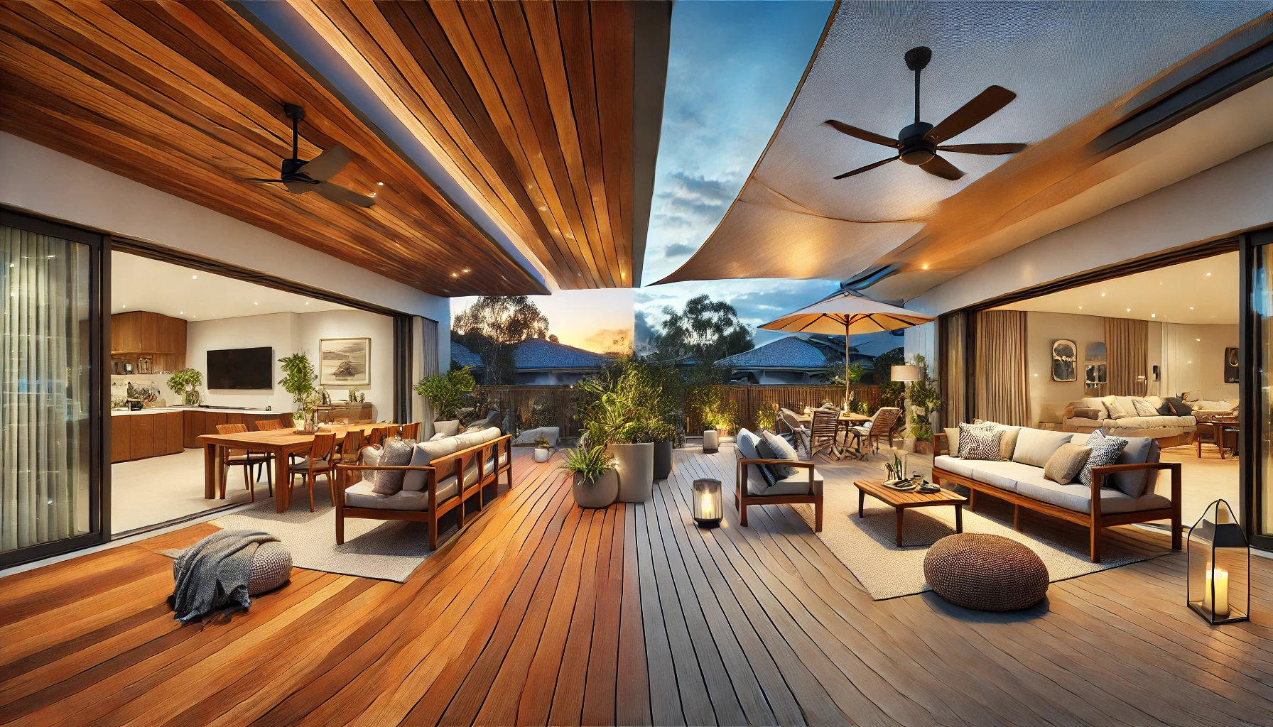 Split-scene lifestyle photograph of a luxury residential deck in Griffith, Canberra, showcasing two seasons. One half features a summer evening with shade sails and ceiling fans, while the other depicts a cozy winter setting with outdoor heating and warm lighting. The deck includes high-end composite decking in rich timber tones, a pergola with weather protection, and modern outdoor furniture with seasonal accents. The space is framed by natural landscaping with both deciduous and evergreen plants, seamlessly integrating with a contemporary Australian home.
