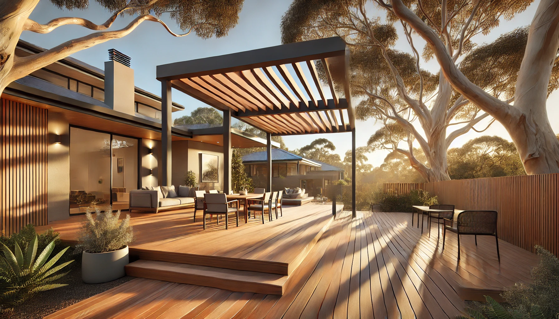 Modern residential deck in Griffith, Canberra, featuring premium composite decking in warm wood tones. The partially covered deck includes sleek pergola beams casting artistic shadows, complemented by modern outdoor furniture and mature eucalyptus trees in the background. High-end finishes and subtle lighting highlight durability and weather resistance.