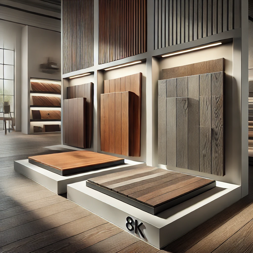 Professional product photography of premium decking materials displayed in an architectural showroom setting. Three distinct samples are arranged in a triptych: rich-toned Australian hardwood with visible grain, sleek composite decking in contemporary gray, and premium spotted gum showcasing its natural character. Each sample is presented on a minimalist white surface with subtle shadows enhancing texture details. Studio lighting highlights wood grain patterns, weather-resistant finishes, and premium construction, with a soft fabric measuring tape or architectural scale providing size reference.