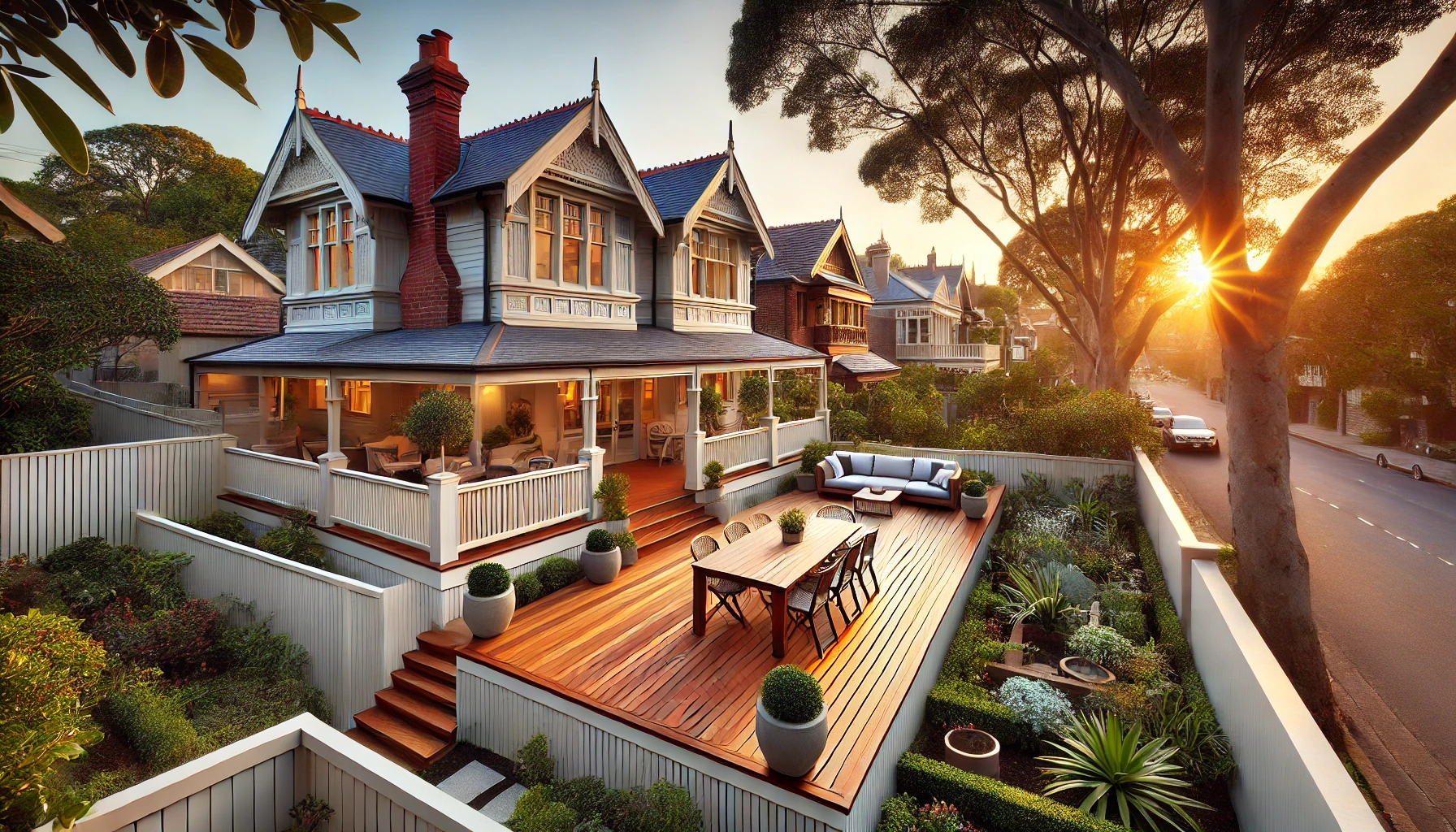 Professional architectural photography of a pristine deck installation in an established Griffith neighborhood. The image showcases a beautifully integrated deck on a classic Griffith property, surrounded by mature gardens and heritage-style architecture. High-end construction details and premium materials blend seamlessly with the landscape, emphasizing craftsmanship. The late afternoon sun casts gentle shadows, highlighting the immaculate finishing touches. A glimpse of the neighborhood shows other well-maintained Griffith properties, reinforcing the thoughtful integration of the deck within its historic setting.