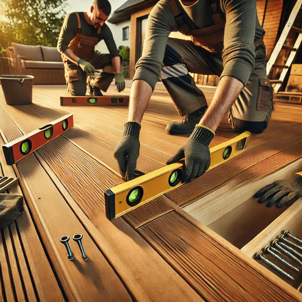 Professional photographic image of a decking installation in Forrest, showing two skilled craftsmen in workwear installing premium decking boards with precise alignment, using level tools, spacers, and high-quality screws on a partially completed deck. Warm natural lighting highlights the wood grain, with an organized construction site and a modern residential house in the background.