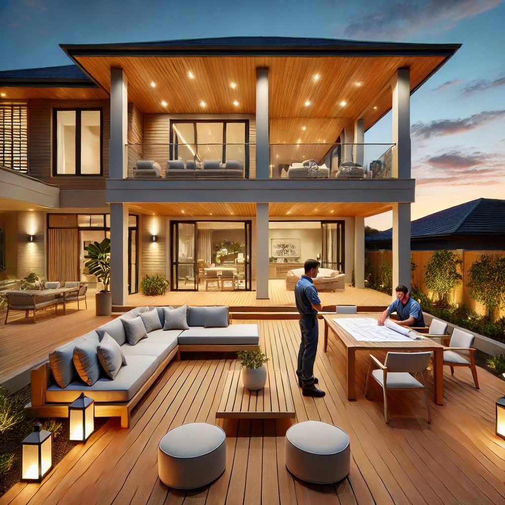 Professional lifestyle photograph of a luxurious deck project in Forrest at golden hour, featuring a spacious deck with dining, lounge, and entertainment zones. Premium timber or composite decking with built-in seating and integrated lighting is visible, along with a professional team consulting with homeowners in the background.