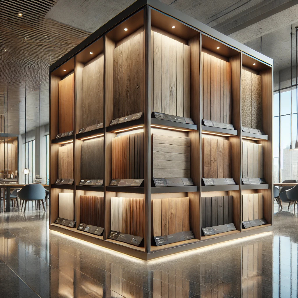 Photorealistic luxury decking material display showcasing premium composite and hardwood decking samples in a high-end showroom, featuring detailed wood grain textures and subtle lighting – ideal for decking projects in Forrest.