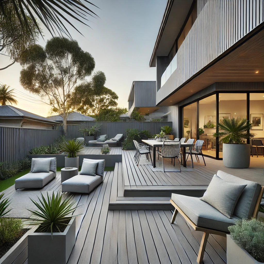 A modern Australian backyard deck in early evening natural light, featuring a multi-level composite deck in light grey tones