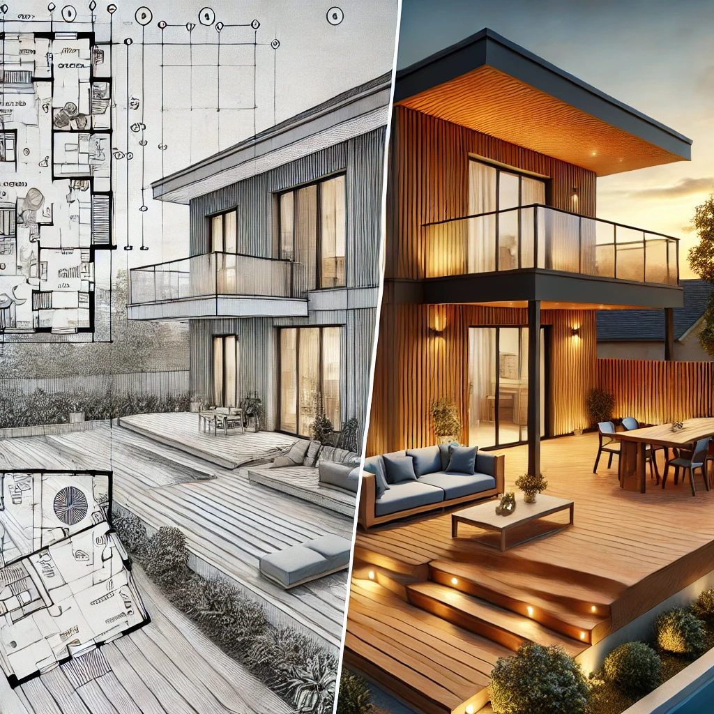 Professional architectural visualization of a modern residential deck design in Forrest, with a split-screen layout showing a 3D blueprint with measurements and material callouts on the left, and a photorealistic golden-hour rendering of the deck with built-in seating, integrated lighting, and warm wood tones on the right.