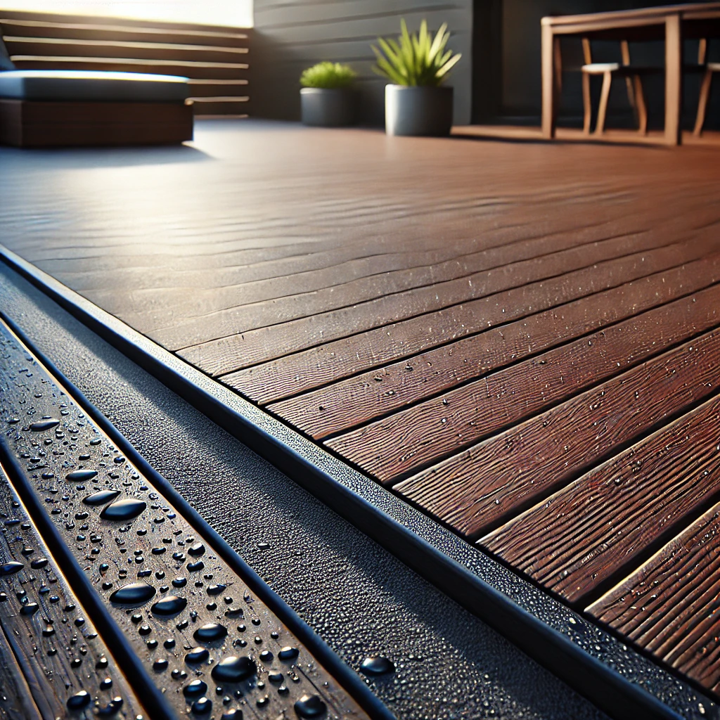 Close-up photograph of modern decking boards in rich brown timber