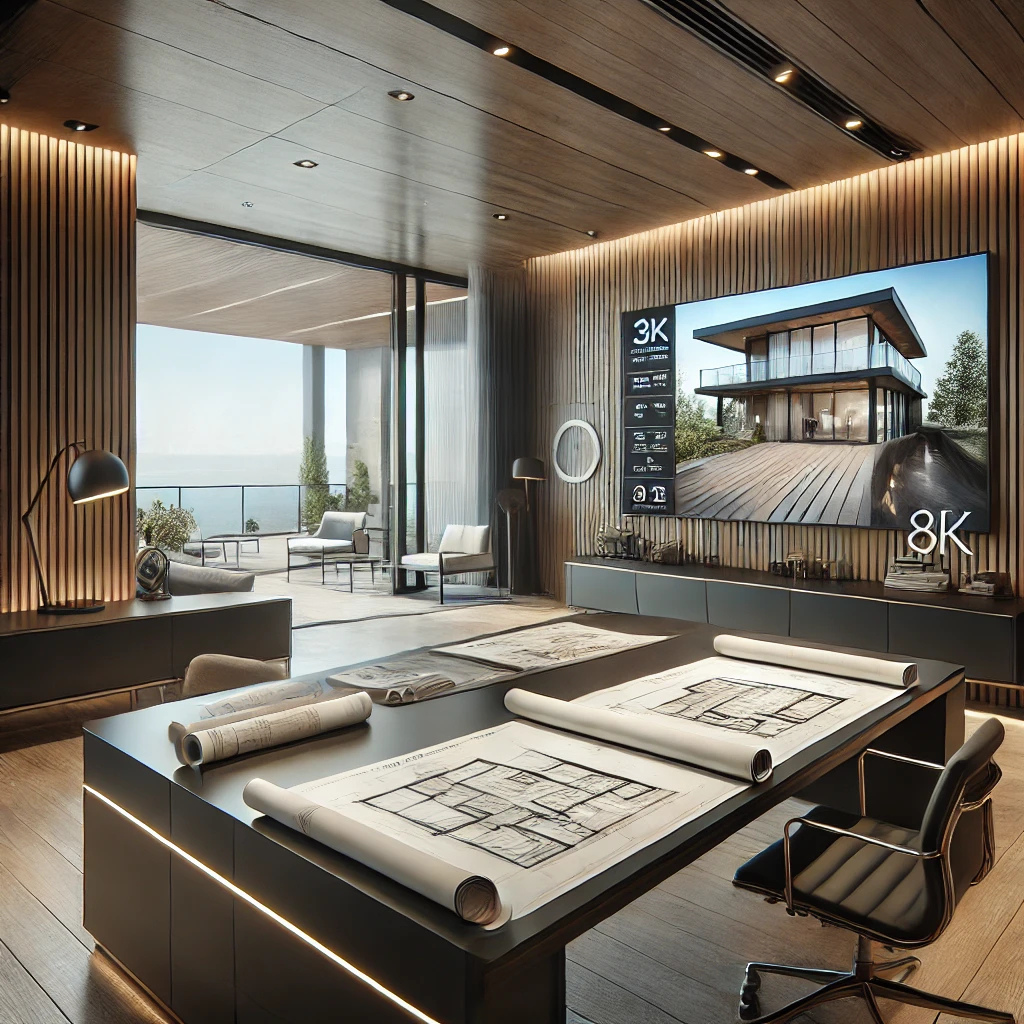 Photorealistic modern luxury office setting for professional deck design consultation, featuring architectural plans, compliance documents, a 3D deck rendering on a large screen, and natural lighting through large windows – perfect for premium decking projects in Forrest.
