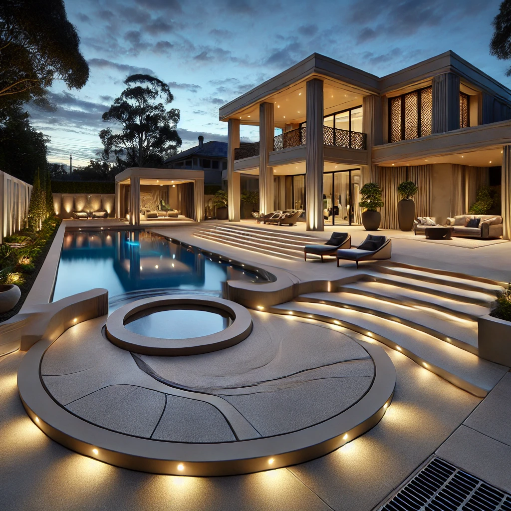 A high-end residential property in Woden Valley at dusk, featuring a grand circular driveway, sculptural concrete elements