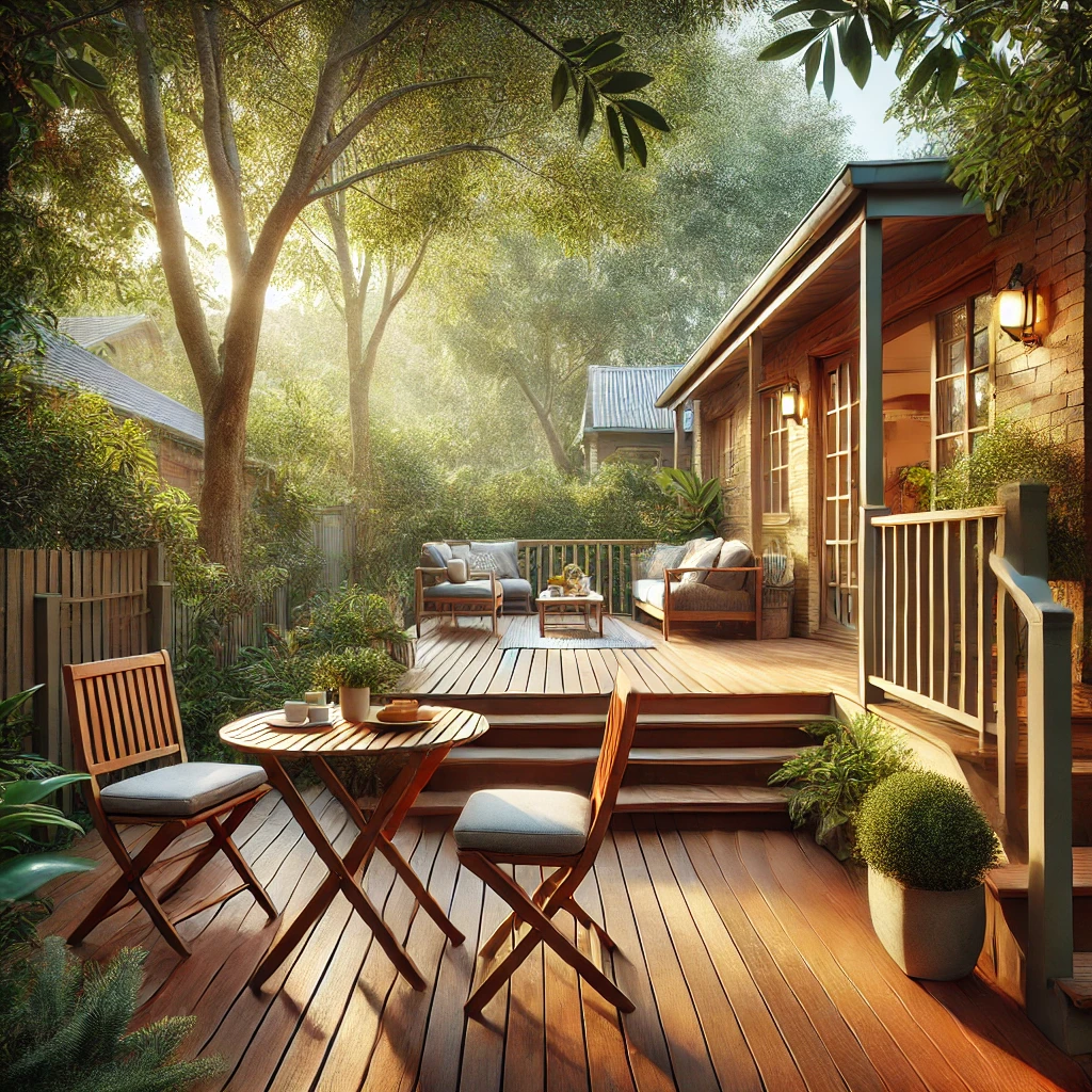 A timber deck in a leafy Canberra backyard featuring a cozy breakfast nook
