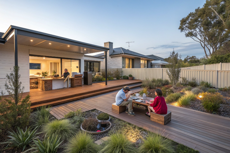 Custom timber deck built in Canberra backyard with family entertaining outdoors