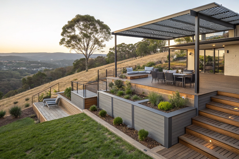 Multi-level composite deck installation on sloping block in Canberra ACT