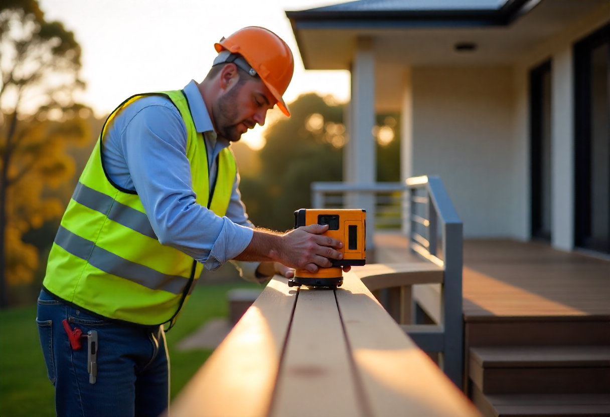 Professional tradesperson using laser level to measure handrail height on a curved deck
