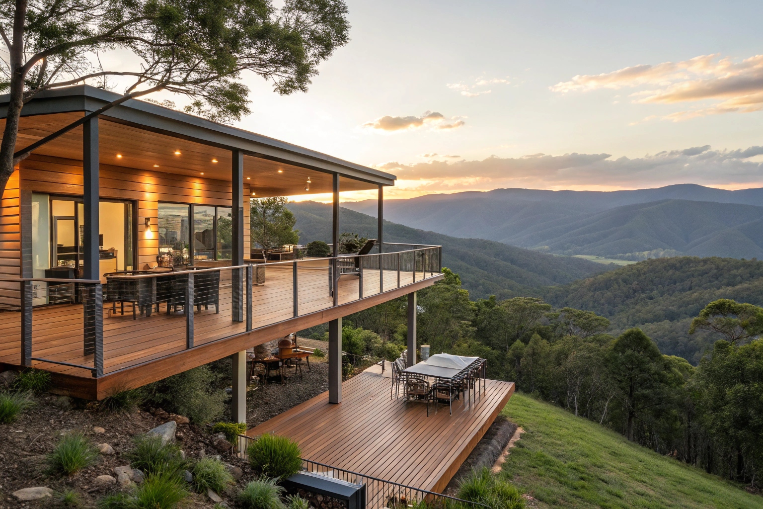 Elevated deck installation Canberra with mountain views and outdoor entertaining area