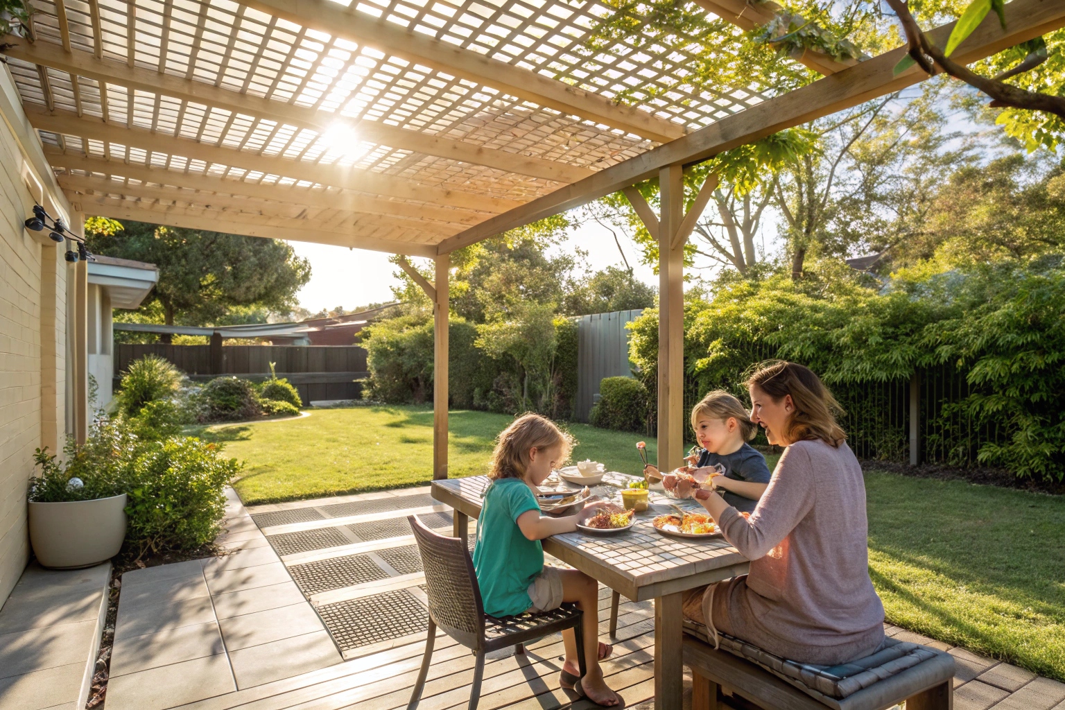 Family dining under timber pergola in Canberra backyard with natural shade