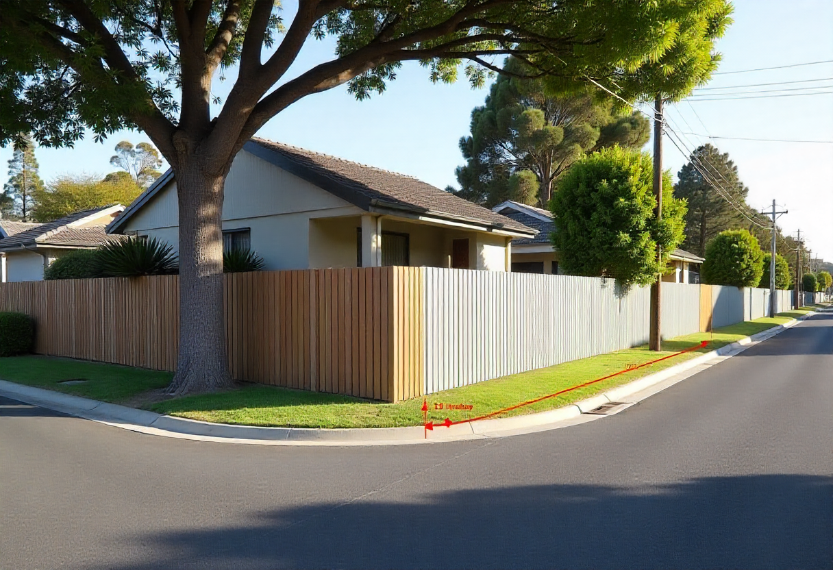 corner block showing proper fence height transitions: 1.2 meter timber paling fence