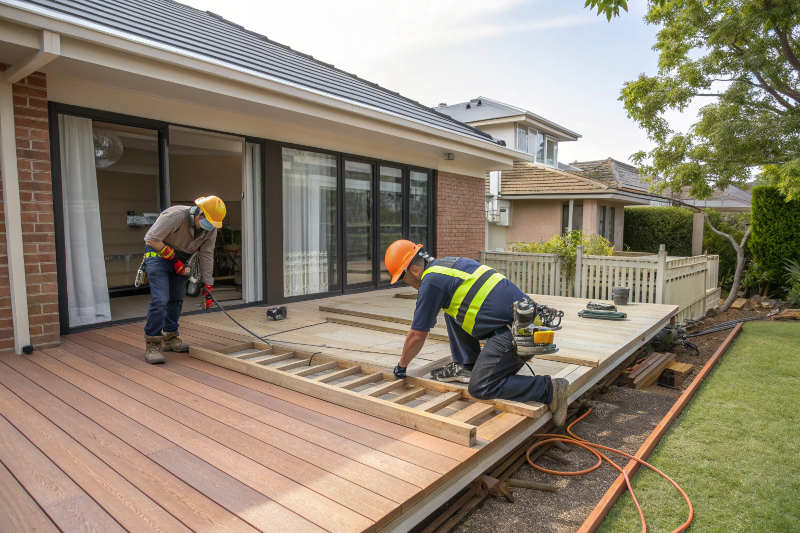 Professional deck demolition crew removing wooden deck boards in Canberra suburb