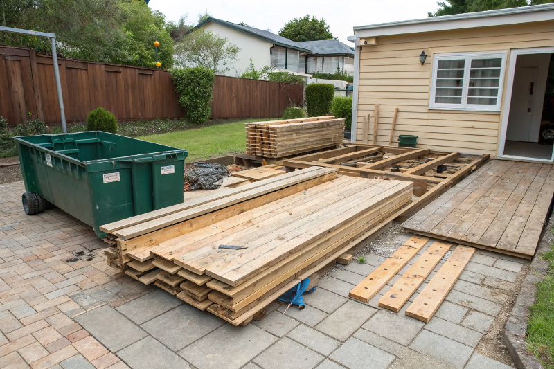Sorted deck demolition waste materials organized for recycling in Canberra