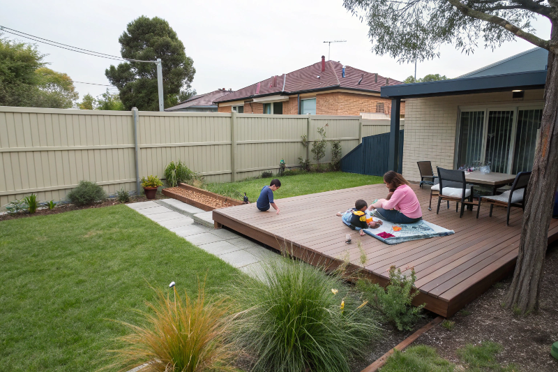 Children playing safely on ground-level deck in Canberra backyard with parents supervising and no stairs
