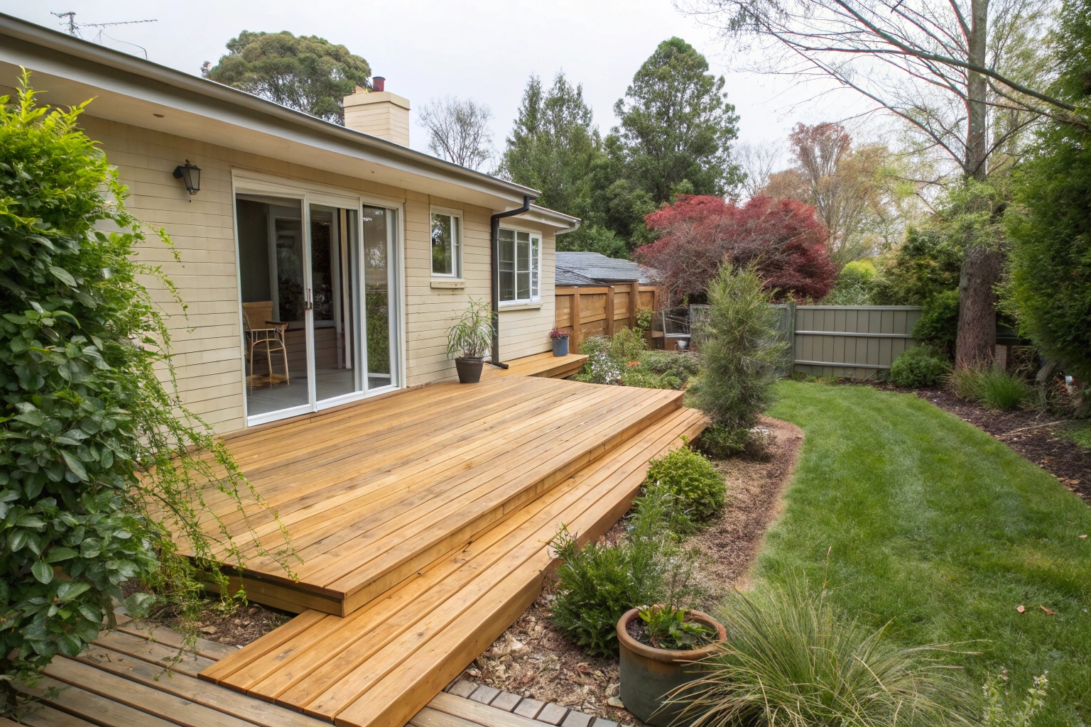 Affordable treated pine deck installation with built-in seating at Canberra home