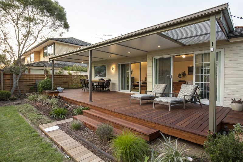 Ground-level deck seamlessly connecting to home interior in Canberra with no stairs for easy indoor-outdoor living