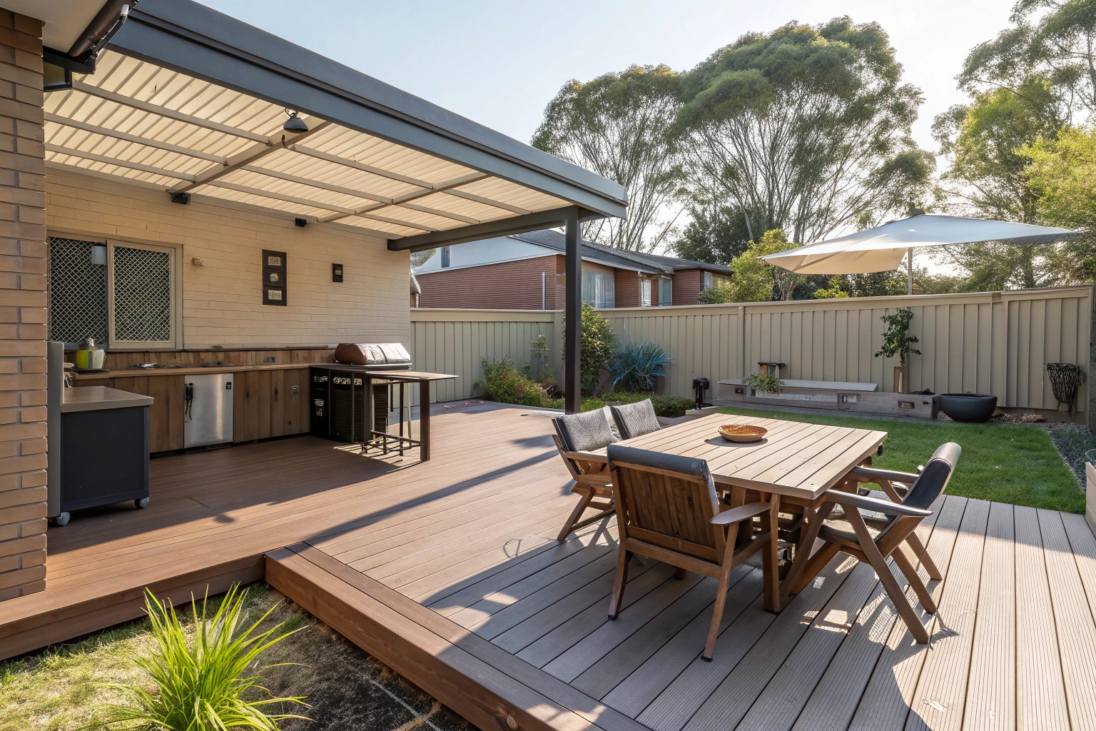 ModWood composite deck installation in Canberra backyard with outdoor furniture