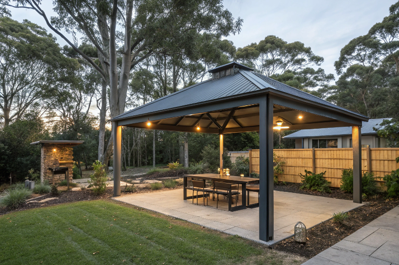 Modern steel pavilion gazebo with outdoor dining setup in Canberra backyard entertaining area