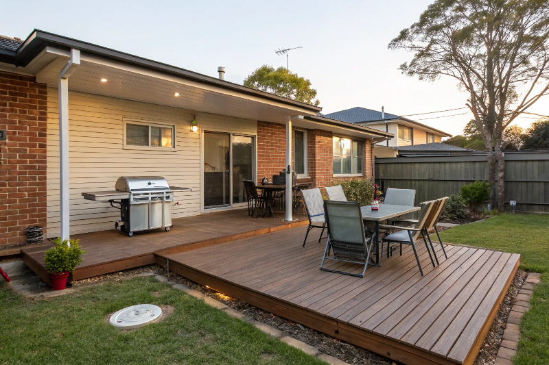 Ground-level deck with BBQ area, dining zone, and lounge seating for entertaining in Canberra suburban home