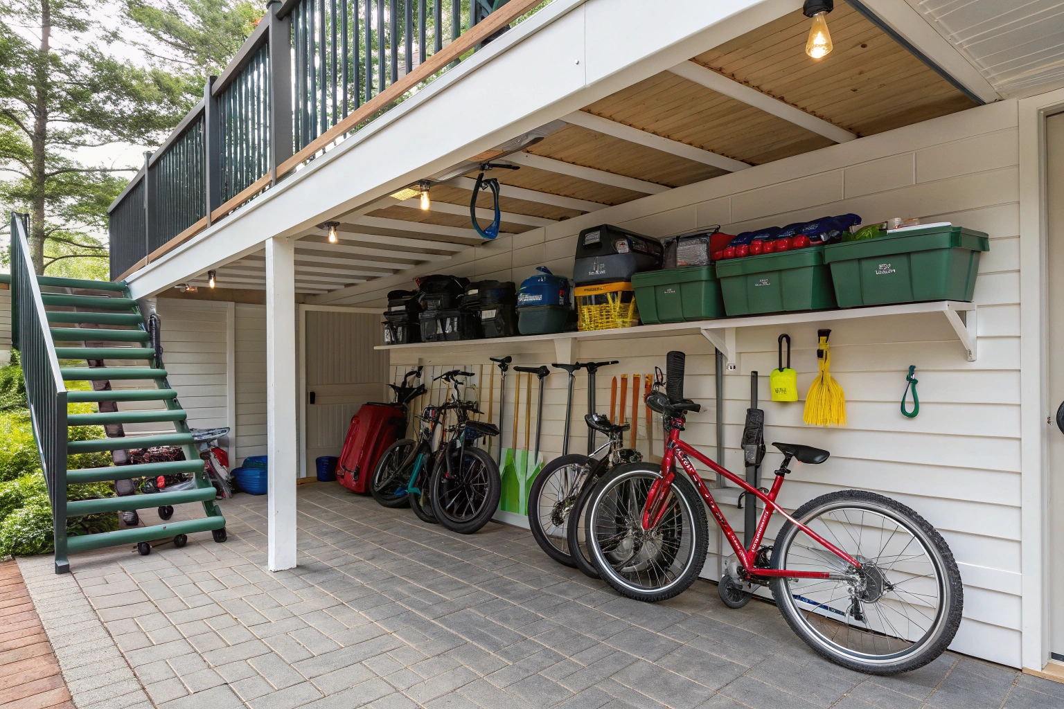 Under-deck storage solution maximising space below elevated deck installation