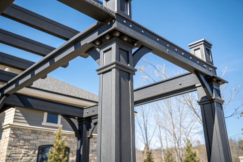 Powder-coated charcoal steel gazebo posts and beams structural framework detail