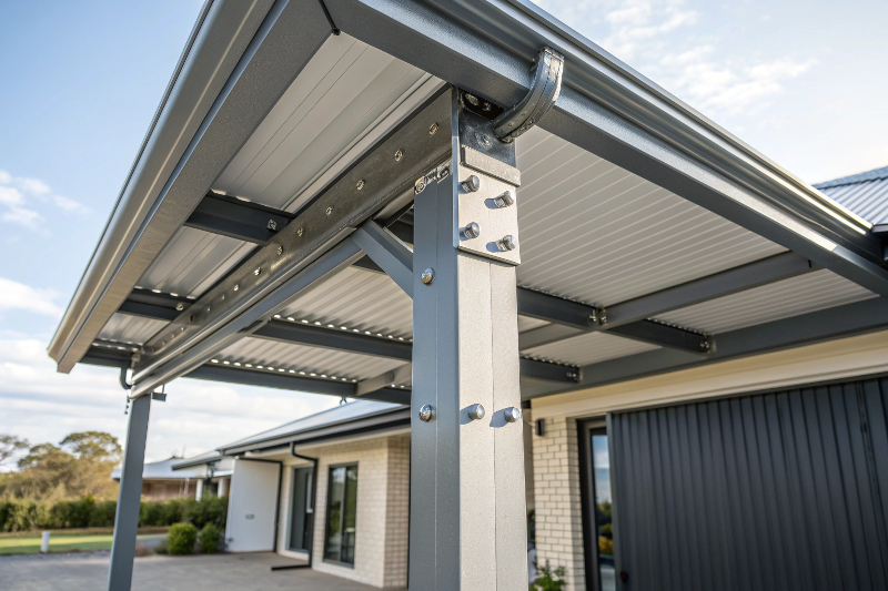 Close-up detail of galvanized steel carport frame showing quality construction and bolted beam connections in Canberra