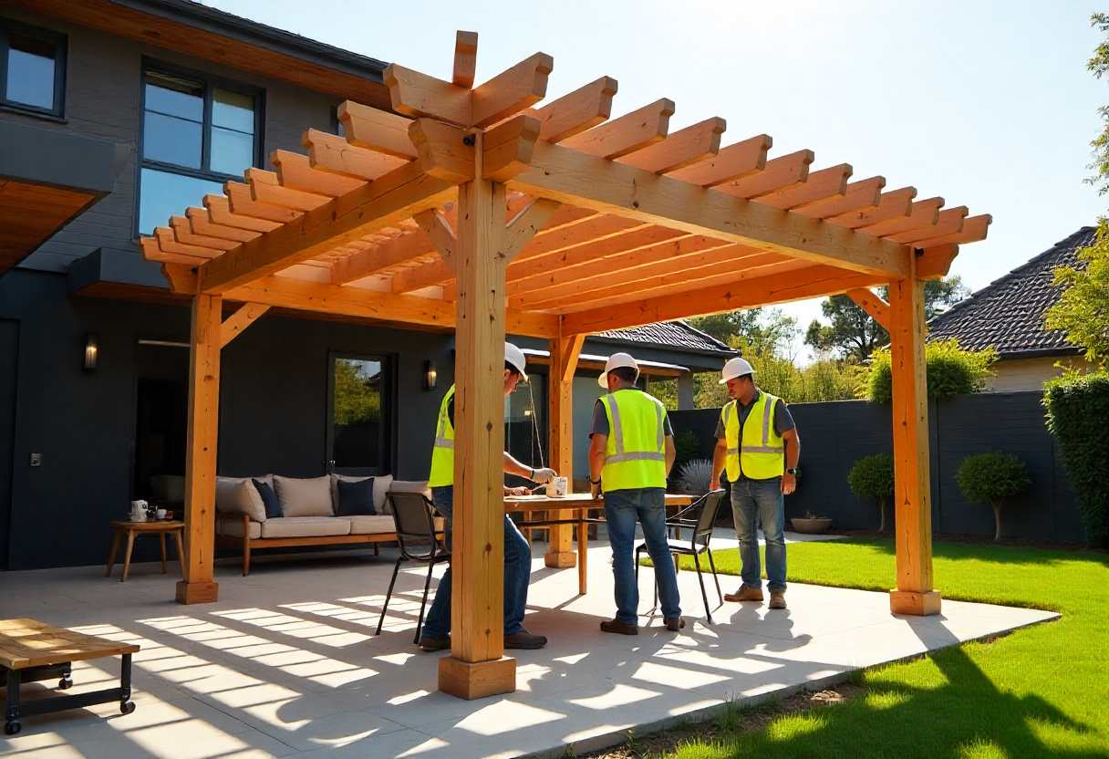 timber pergola being installed in a modern backyard