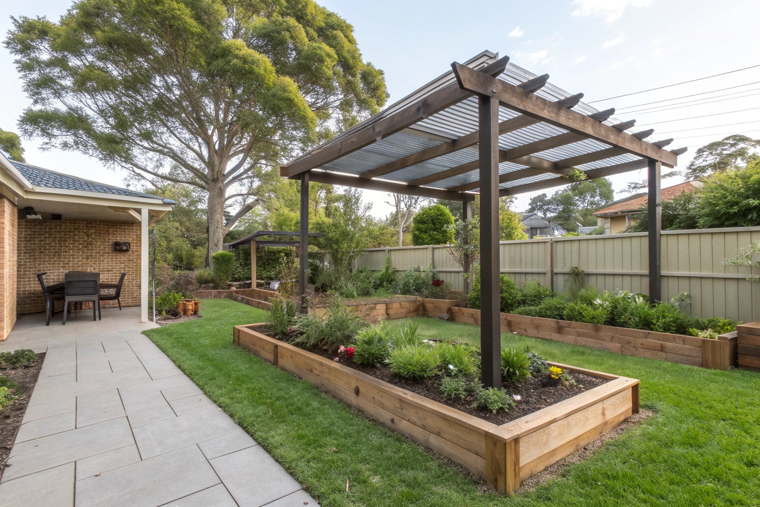 Freestanding pergola creating distinct outdoor living zone in Canberra garden