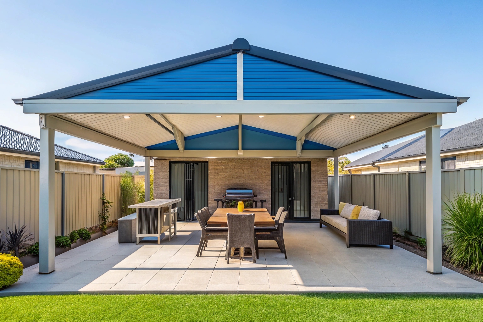Modern patio cover installation on Canberra home with outdoor furniture and BBQ area