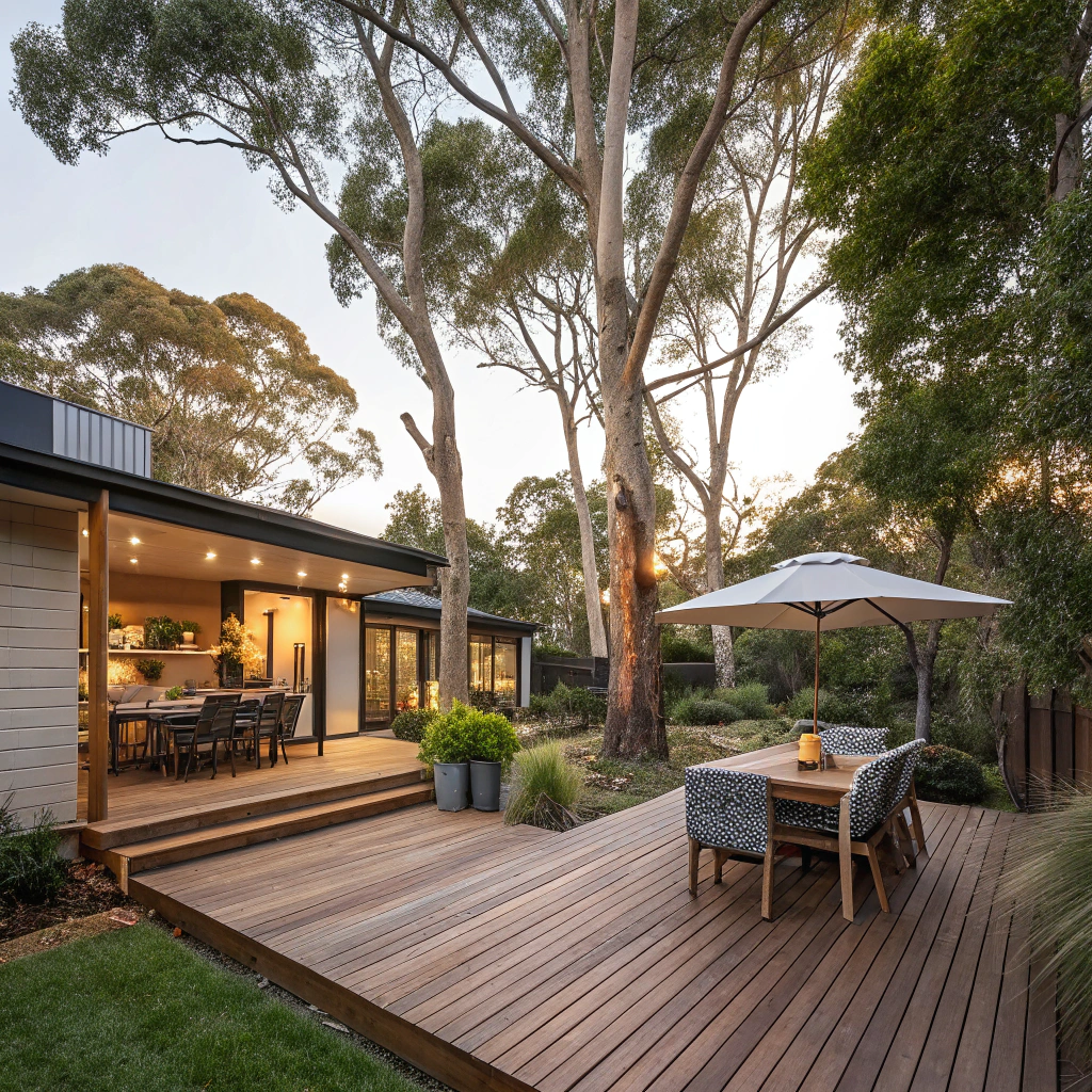 Custom timber deck in Lyneham backyard with established trees and outdoor dining area