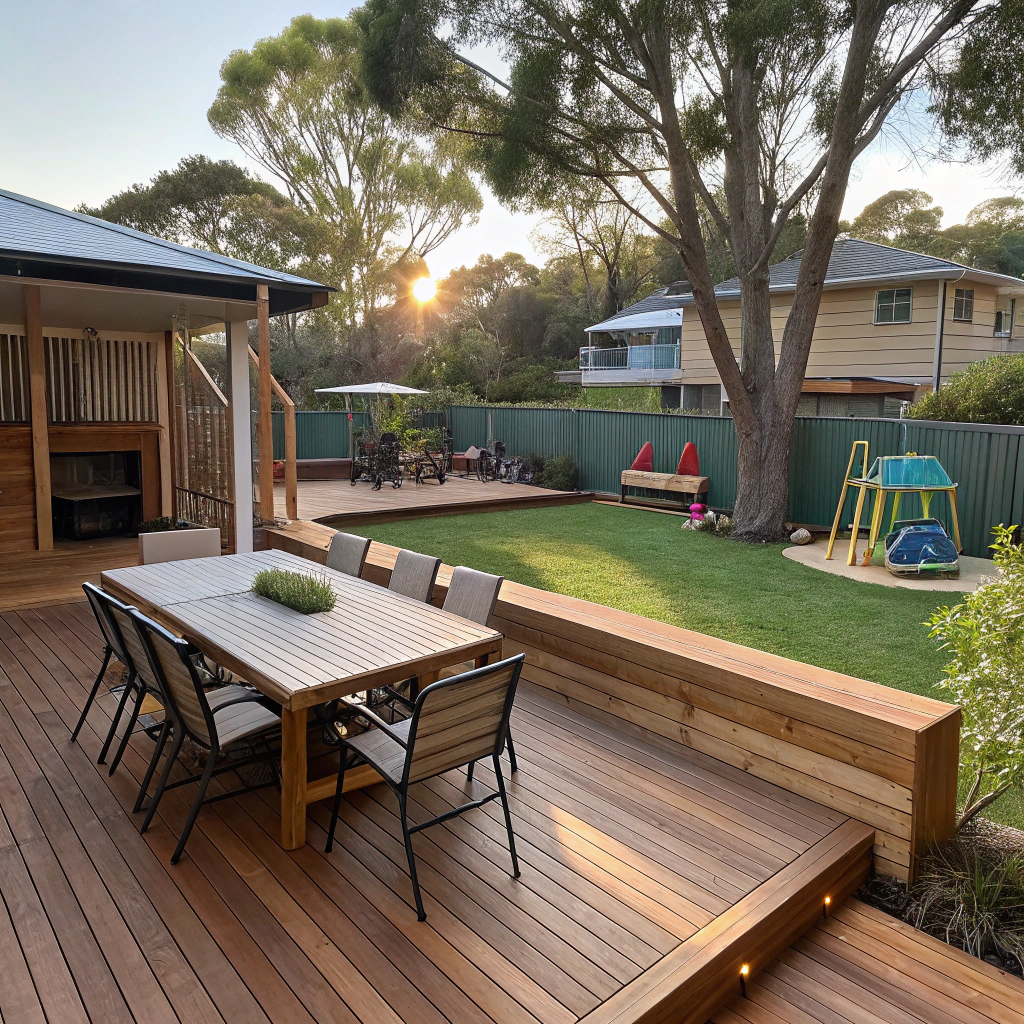 Family-friendly deck with entertainment area and safe play space in Downer backyard
