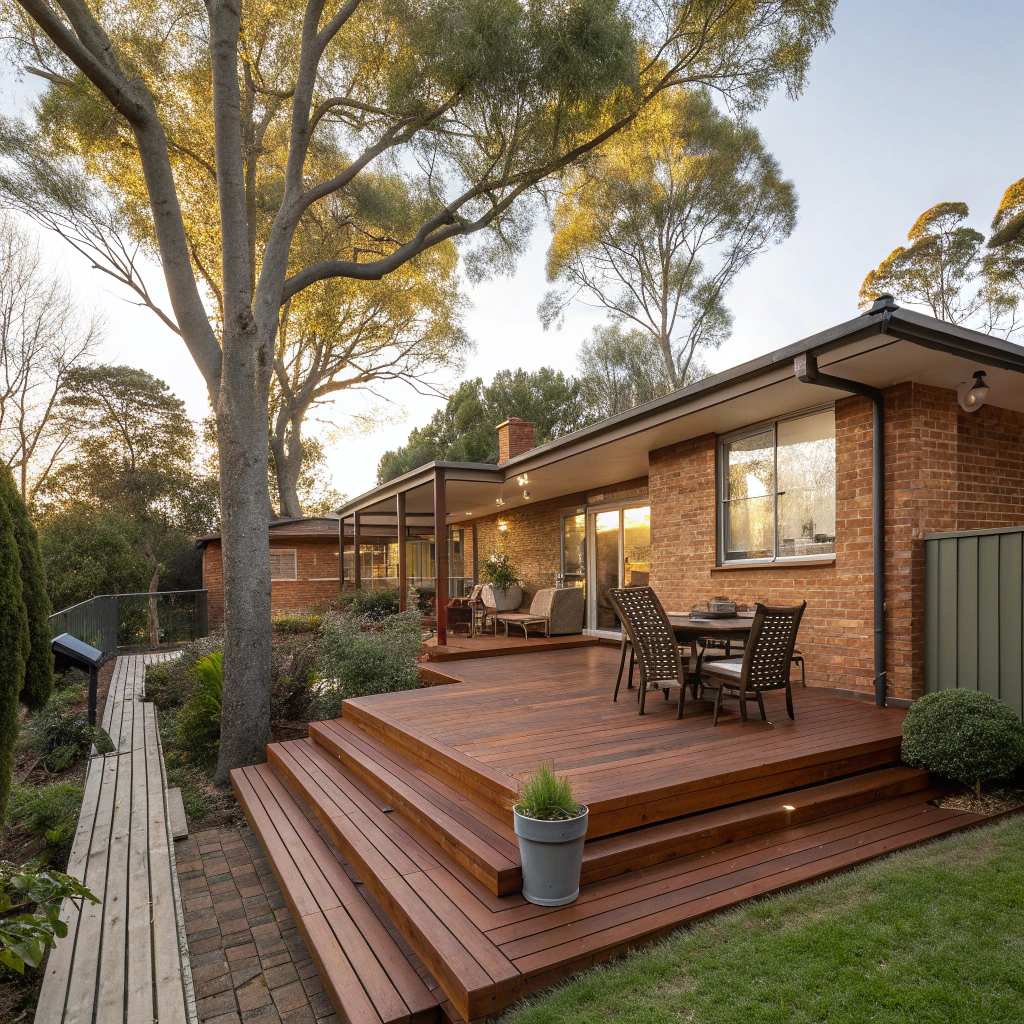 Timber deck installation at Downer home with established garden and outdoor entertaining area