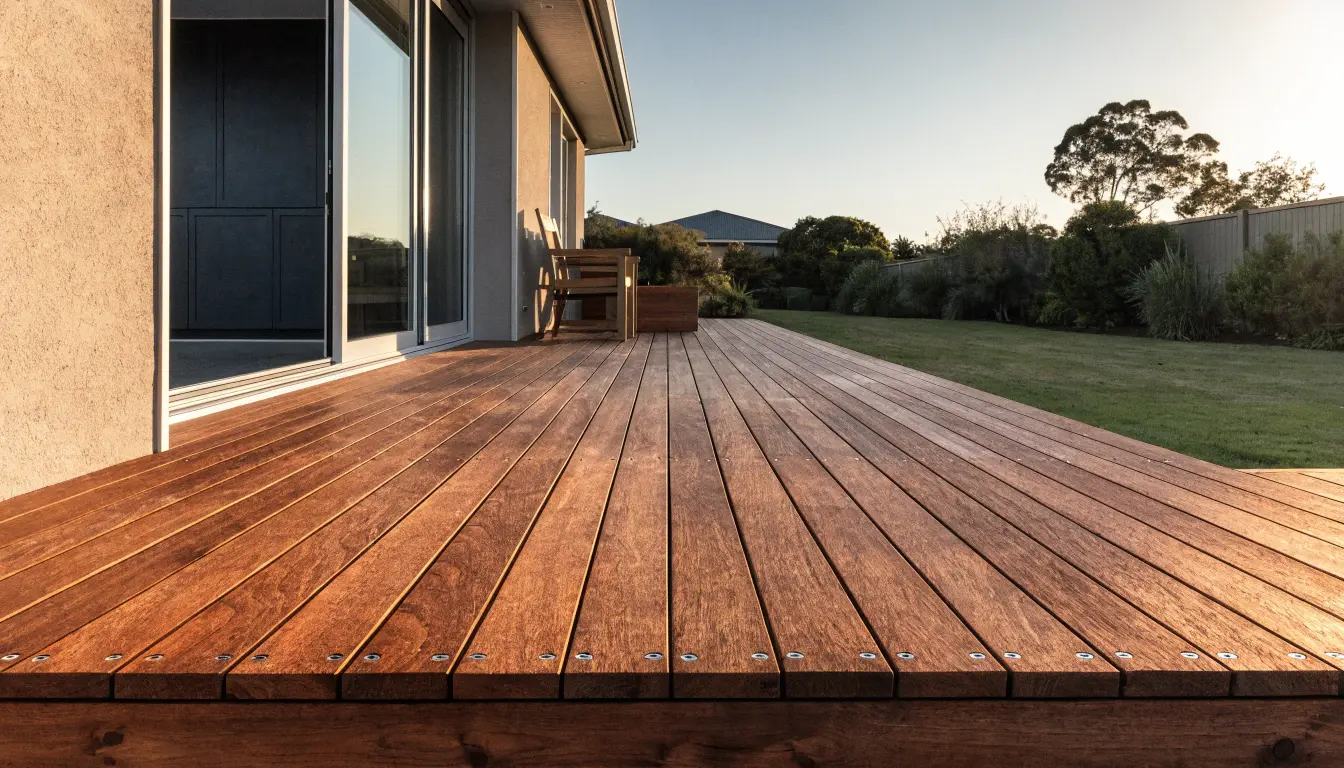 Freshly completed merbau hardwood timber deck attached to a modern Canberra home at golden hour