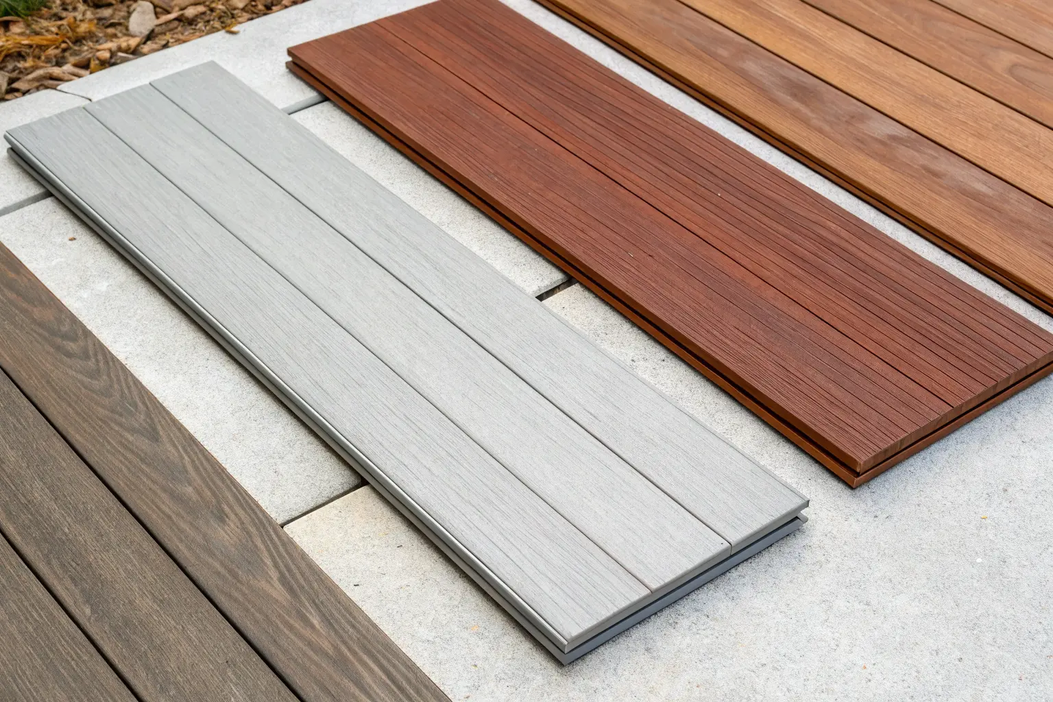 Decking board samples side by side — grey composite, reddish merbau hardwood and timber — for comparison